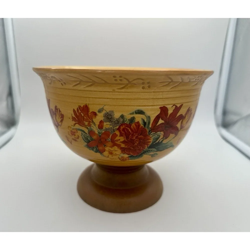 FTD Vintage Floral Ceramic Bowl With Wood‎ Pedestal Yellow & Red Retro 1970's